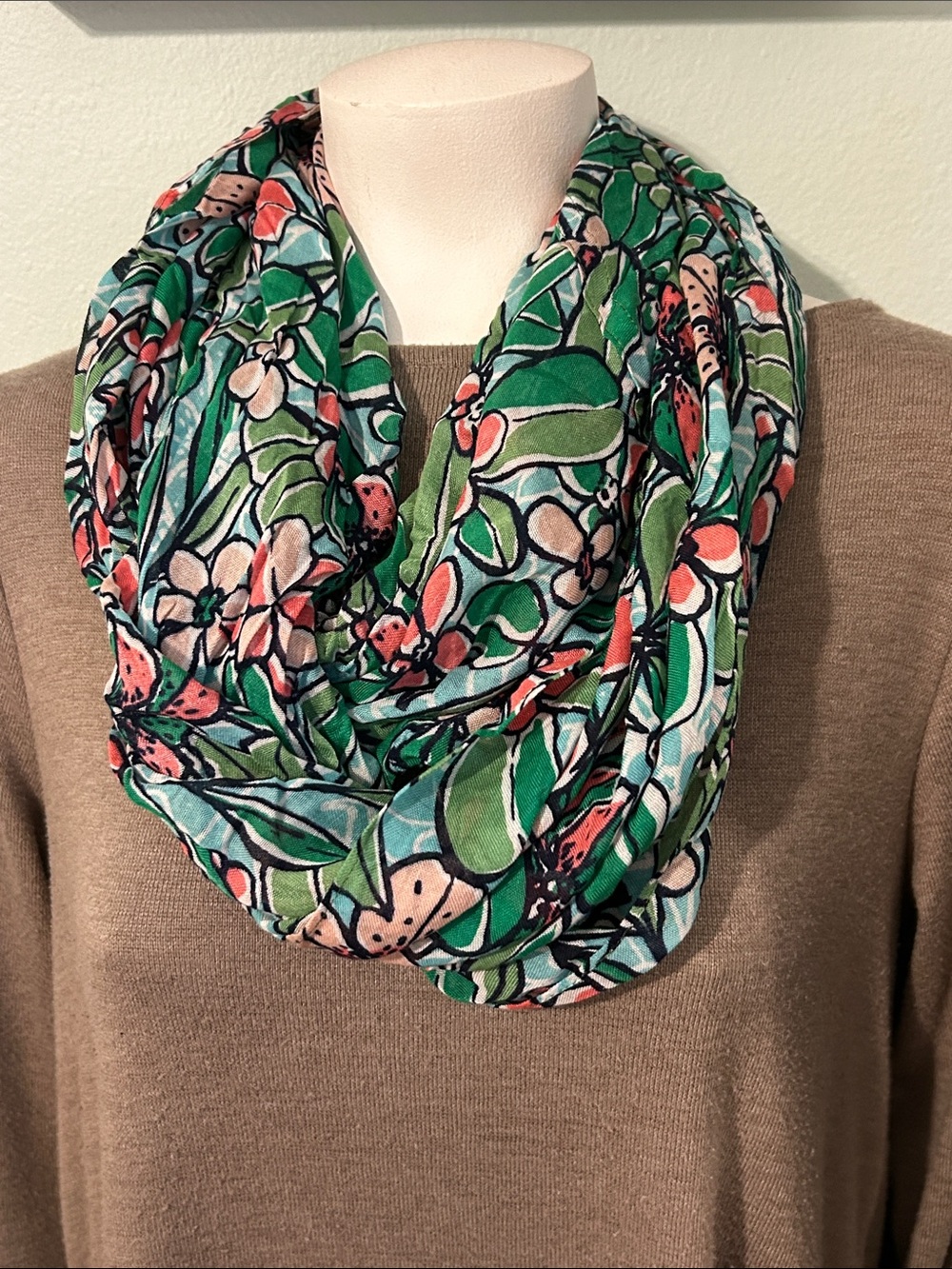 Talbots Infinity Scarf with green and Coral floral Accents